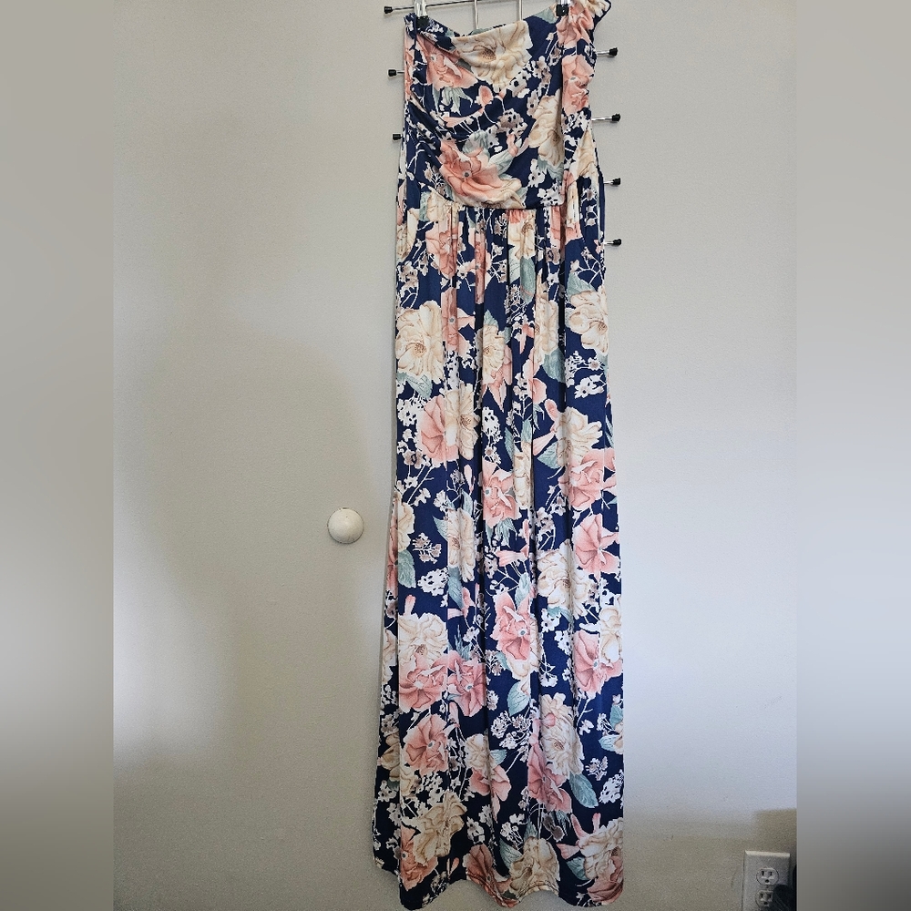 Liebeye Women's Blue and Cream Floral Strapless Maxi Dress Sz L - Picture 7 of 14